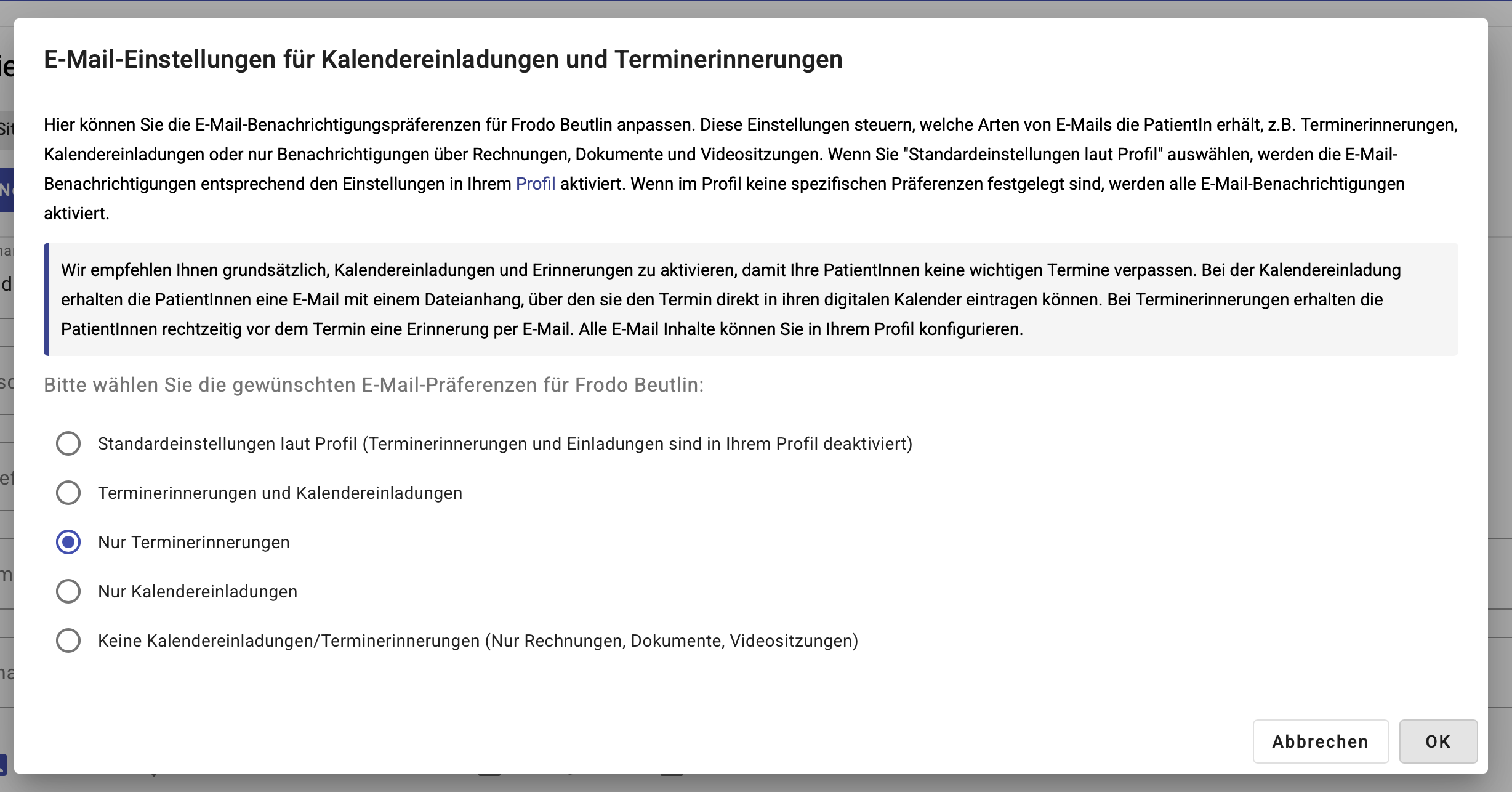 Dialog für E-Mail-Präferenzen